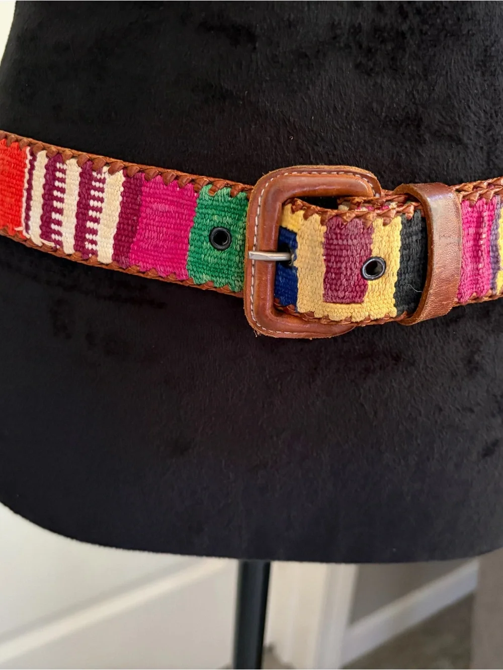 Multicolor Woven Stripe Leather-Trim Belt